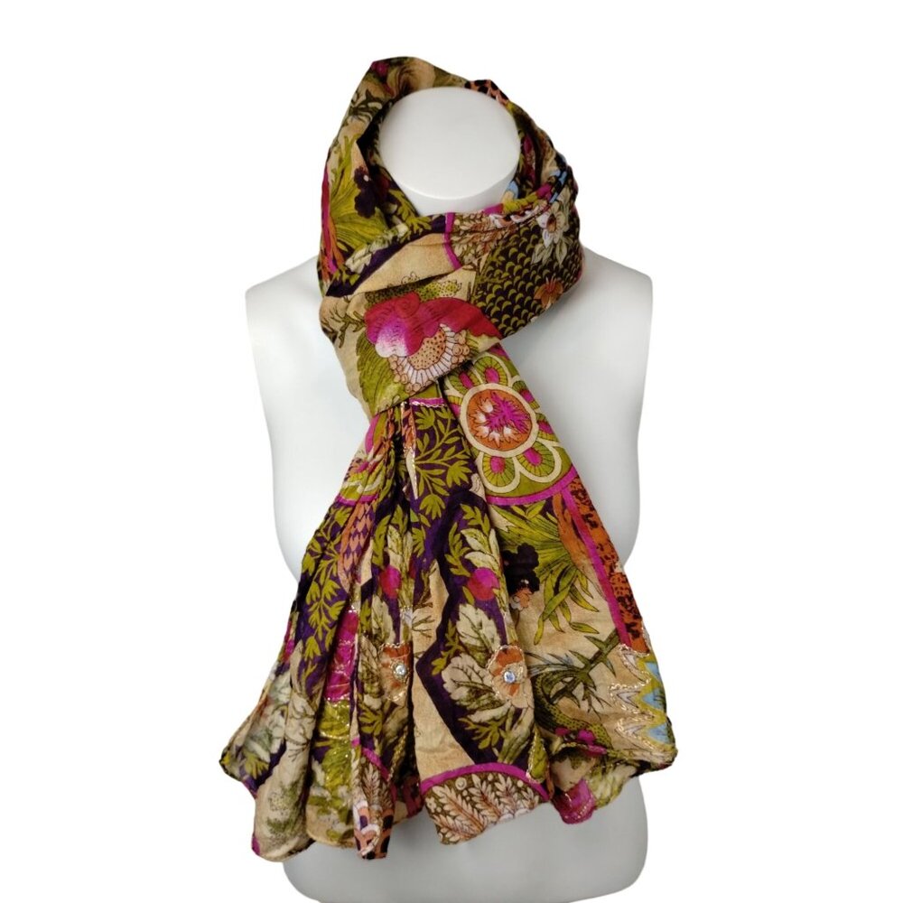 Womens Bohemian Floral Print Scarf With Intricate Embroidery and Beading